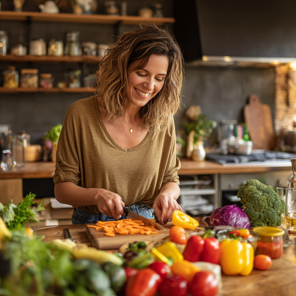 Smiling woman in her forties preparing healthy meal ingredients in modern kitchen, wearing casual clothing and arranging colorful vegetables on wooden cutting board