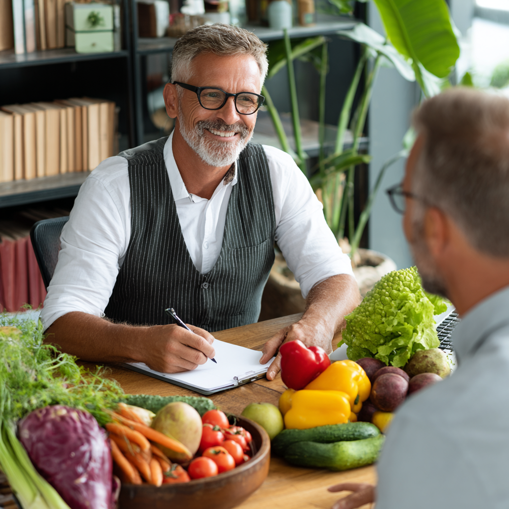 Professional nutritionist in his fifties consulting with client, both sitting at desk with fresh fruits and vegetables, discussing personalized meal planning in bright office environment